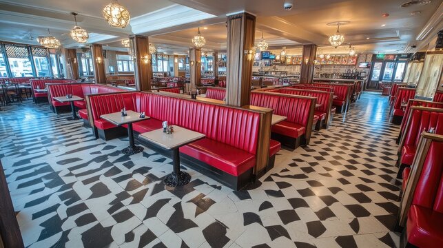 Retro diner with red booths and checkerboard floors