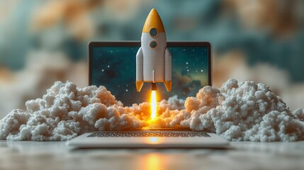 A sleek rocket ascends from a laptop, surrounded by fluffy clouds, embodying the essence of innovation and the limitless potential of imagination and technology.