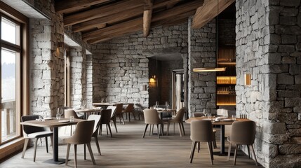 Naklejka premium Rustic restaurant interior with warm lighting and stone walls