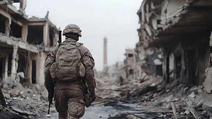 Fototapeta premium Soldier Walking Through War-Torn Cityscape