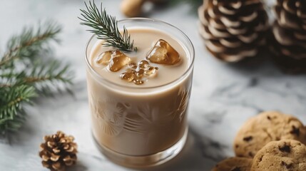 A festive Christmas take on an iced lavender honey latte, served with a side of honey-glazed cookies and a sprig of pine needles