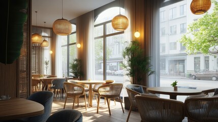 Scandinavian caf with minimal furniture and warm wood textures