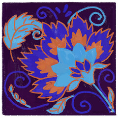Naklejka premium Floral blue glazed tile with large flower. Seamless pattern Moroccan texture.