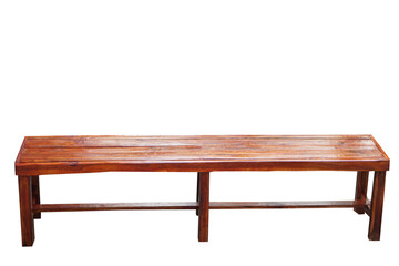 Wooden brown long bench isolated on white background. Concept, Handcrafted natural  furniture made from wood for sitting at home, park , classroom or restaurant. 