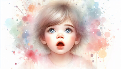 Fototapeta premium A Soft and Surprising Watercolor Portrait of a Child with Wide Eyes, Capturing the Moment of Astonishment with Pastel Hues