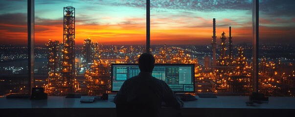 Advanced refinery control room with an engineer at the workstation, evening light creating dramatic contrasts on the facilitys infrastructure and machinery