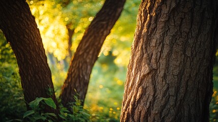 Obraz premium Sunlight filtering through a lush forest bathes the trees in golden hues, creating a scene of warmth, serenity, and natural beauty.