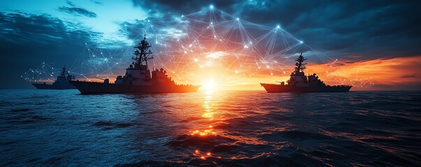 Digital network overlay on the oceans surface with warships in silhouette, a hightech naval concept showcasing modern military capabilities at the horizon