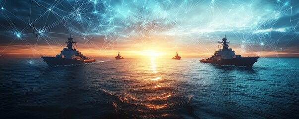 Digital network overlay on the oceans surface with warships in silhouette, a hightech naval concept showcasing modern military capabilities at the horizon