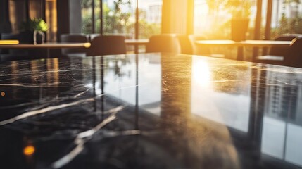 Fototapeta premium Sunlight reflecting off marble countertops in a caf