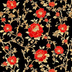 The floral pattern from the Ming dynasty, including the Pantone black, red, and gold. HD 8K wallpaper Stock Photographic Image