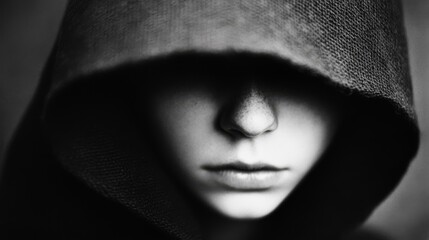 A mysterious figure in a hood shrouded in darkness, evoking intrigue and a sense of enigma with focus on the partially illuminated face.