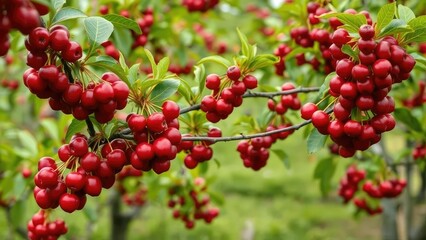 Dark red cherry branches in a lush green orchard, agricultural, plant, trees