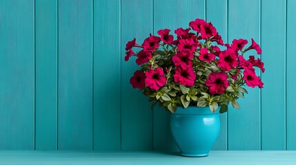 Fototapeta premium Vibrant Crimson Petunias in a Teal Pot Against a Teal Wooden Wall AI Generated