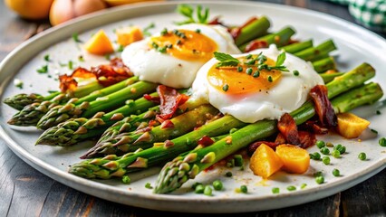 Perfectly baked asparagus, runny poached eggs, crispy bacon&acirc;&euro;&rdquo;a breakfast masterpiece.