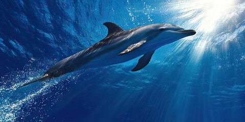 Naklejka premium Underwater Photograph of a Dolphin Swimming Towards Sunlight