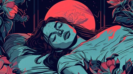 Woman Experiencing Insomnia on Bed: Sleep and Night Theme Stock Photo