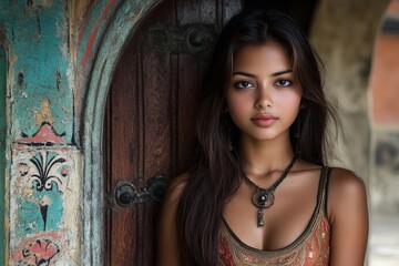 Fototapeta premium Young woman poses elegantly beside an intricately designed door in a historical setting during golden hour