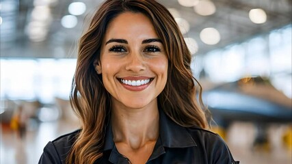 A smiling woman in a dark uniform stands inside an aircraft hangar with planes in the background.