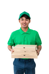 Asian male food delivery worker in green uniform holding pizza boxes isolated on white background