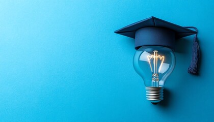 Innovative educational image featuring a bachelor cap and a glowing light bulb on a blue background, symbolizing creativity and learning