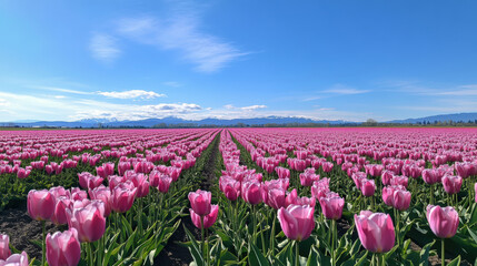 Vast pink tulip field under clear blue sky with distant mountains