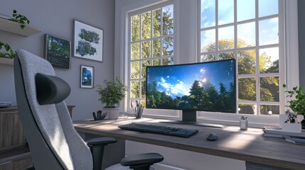 Ergonomic Home Office Setup with Large Monitor and Natural Light From Window
