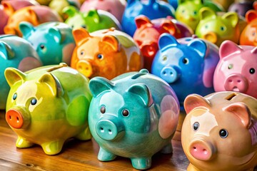 Obraz premium Pastel Ceramic Piggy Banks: Colorful Savings Close-Up
