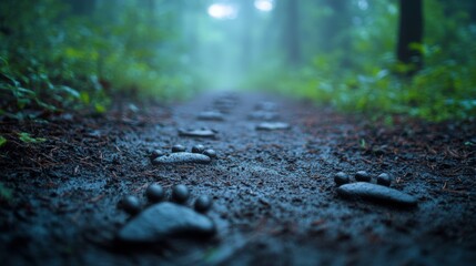 Wet paw prints trail along a mysterious misty forest path, suggesting the silent journey of an unseen creature through nature's embrace.