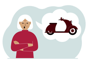 A old woman dreams or thinks about a scooter or motorcycle. His thoughts are in an air bubble. The concept of a dream, purchase, loan or investment.