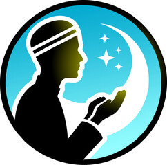 Silhouette illustrations of a muslim praying, head in a hat and cap, muslim fast illustration of pure ramadhan