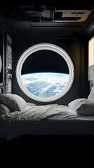 digital technology space capsule window interior scene poster background