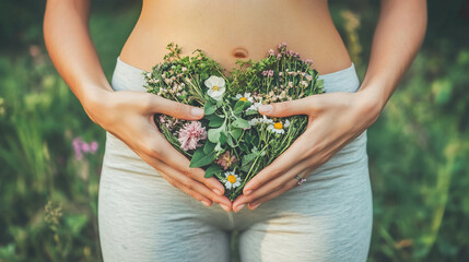 Woman holding in hands a heart made of medicinal herbs in front of her belly. Gut health reproductive health hormonal balance