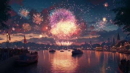 Obraz premium A beautiful scene of a large fireworks display over a calm river, with boats and people watching the show from the shore 