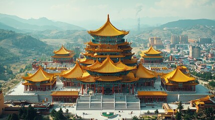 Obraz premium Golden temple complex, nestled amidst mountains, city skyline in background. Scenic aerial view. Possible use Stock photo