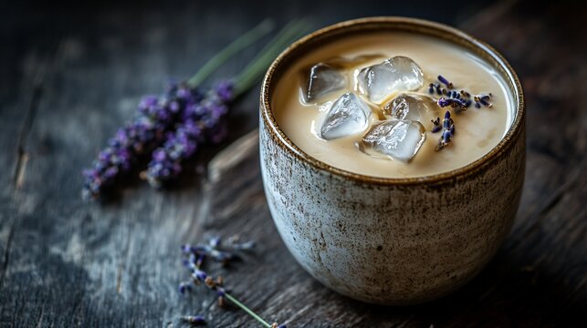 A single iced lavender honey latte in a rustic ceramic cup, with ice cubes floating on top, isolated on a dark wooden surface