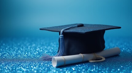 graduation cap and diploma on glittering blue background