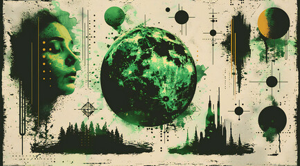 Neon Grunge Vector Design Elements Set: 80s-90s Inspired Halftone Patterns, Shapes, and Symbols on a Vintage Green Background