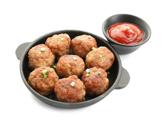 Tasty meatballs with green onion in baking dish and tomato sauce isolated on white