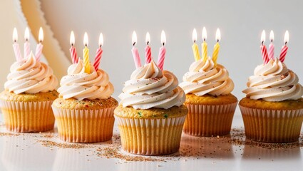 close-up image shows a single cupcake with pink and blue frosting and a lit candle, on a white plate. 