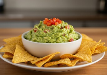 A white ceramic bowl filled with chunky guacamole, garnished with red diced bell peppers and surrounded by crispy tortilla chips