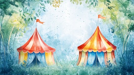 Vivid Watercolor Painting Depicts Two Multicolored Circus Tents Pierced by a Strip of Daylight in the Distance