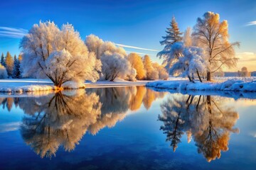 Still, cold water reflects a snowy, tranquil scene; winter's frozen beauty, perfectly photographed.