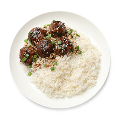 Delicious rice with meatballs, sauce and green onions isolated on white, top view