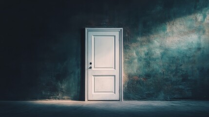 A solitary white door stands against a dark, textured wall, bathed in an ethereal light, evoking mystery and untold stories beyond its frame.