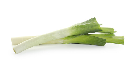 Fresh leeks isolated on white. Spicy vegetable