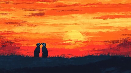 Watercolor Painting of Two Meerkats Silhouetted Against a Desert Sunset