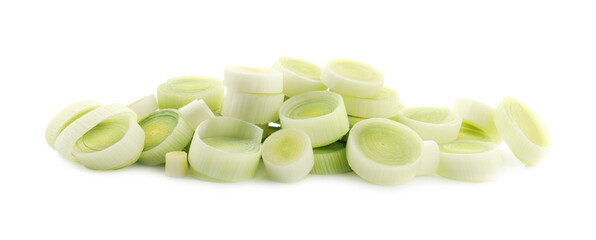 Pieces of fresh leeks isolated on white