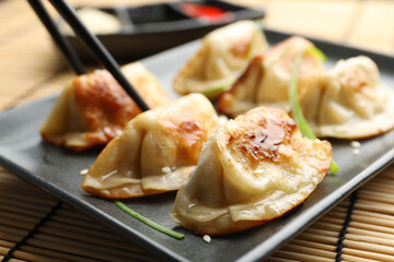 Delicious fried gyoza dumplings on table, closeup