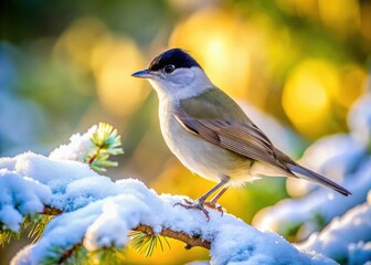 Obraz premium Stunning blackcap bird photography: a winter wonderland panorama showcasing this captivating avian beauty.